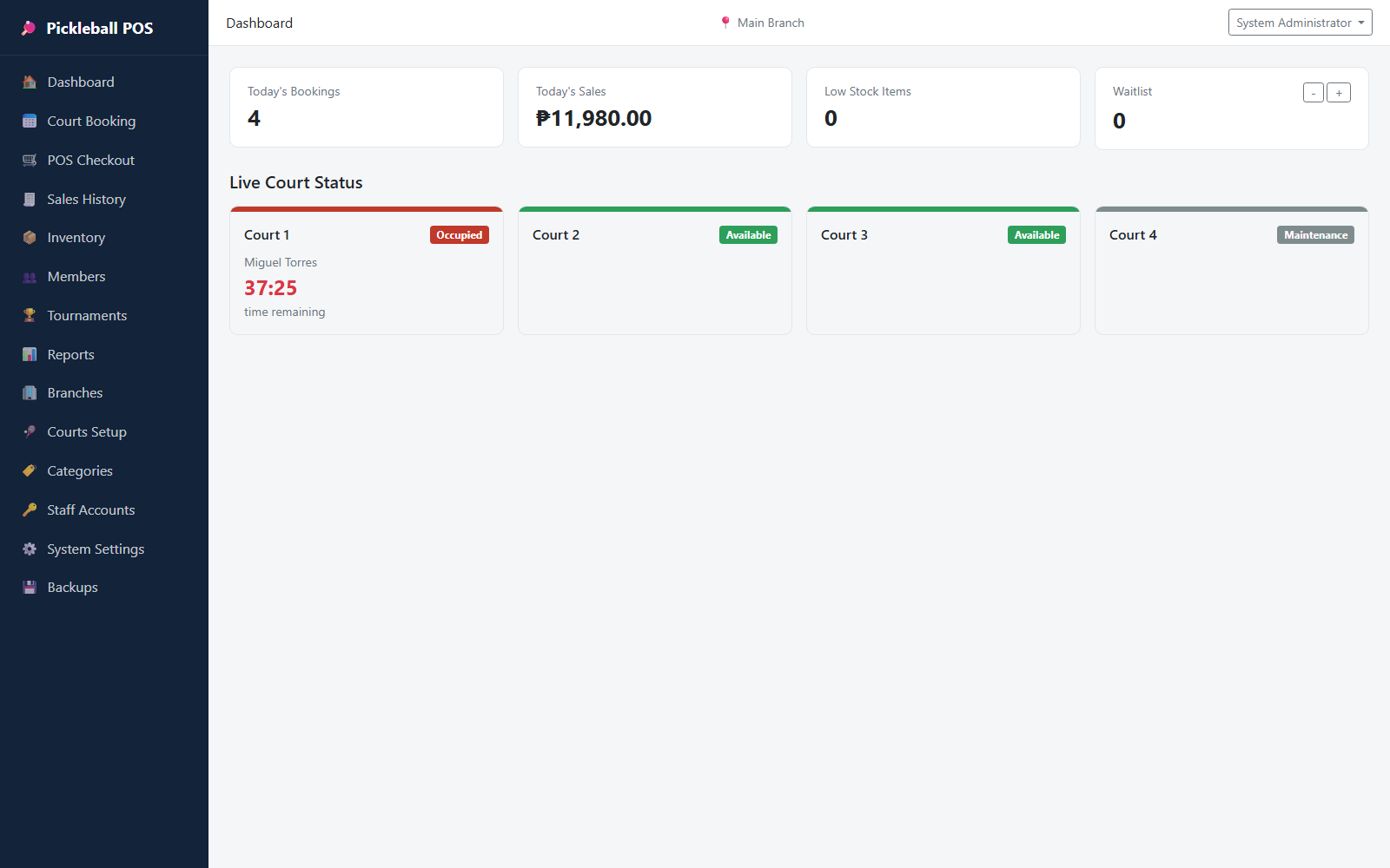 Pickleball POS System dashboard